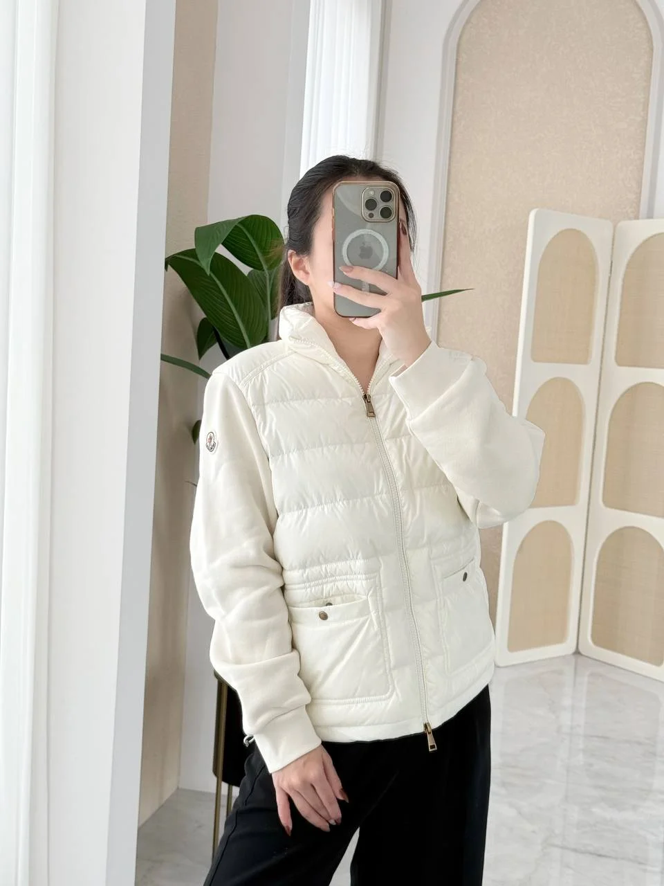 Moncler Cotton Zip - Up Puffer Cardigan Jacket Sweatshirt in White Ivory - photo 3