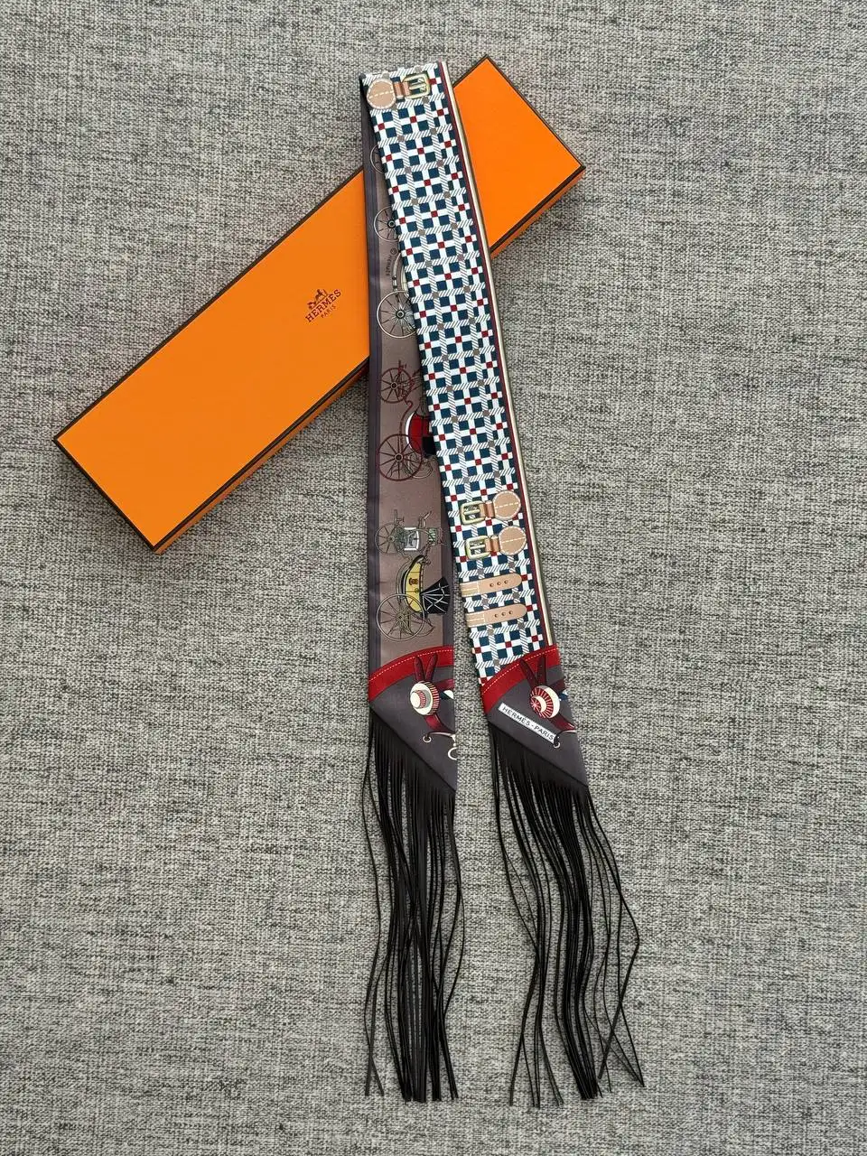 Hermes Hermes Les Voitures Nouvelles leather fringes Twilly Bleu / Rouge H / Marron Glace