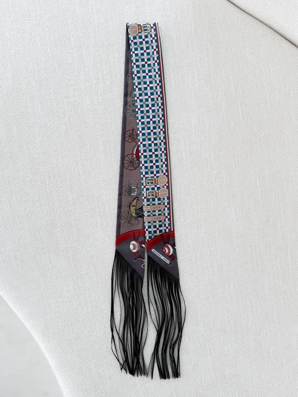 Hermes Hermes Les Voitures Nouvelles leather fringes Twilly Bleu / Rouge H / Marron Glace