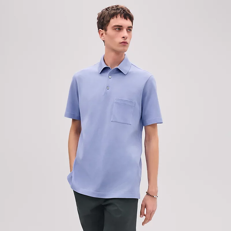 Hermes Hermes H Embroidered Buttoned Polo Shirt Bleu Ciel
