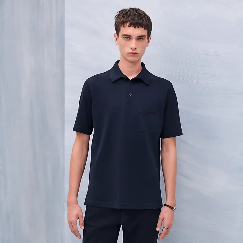 Hermes H Embroidered Buttoned Polo Shirt Marine - null