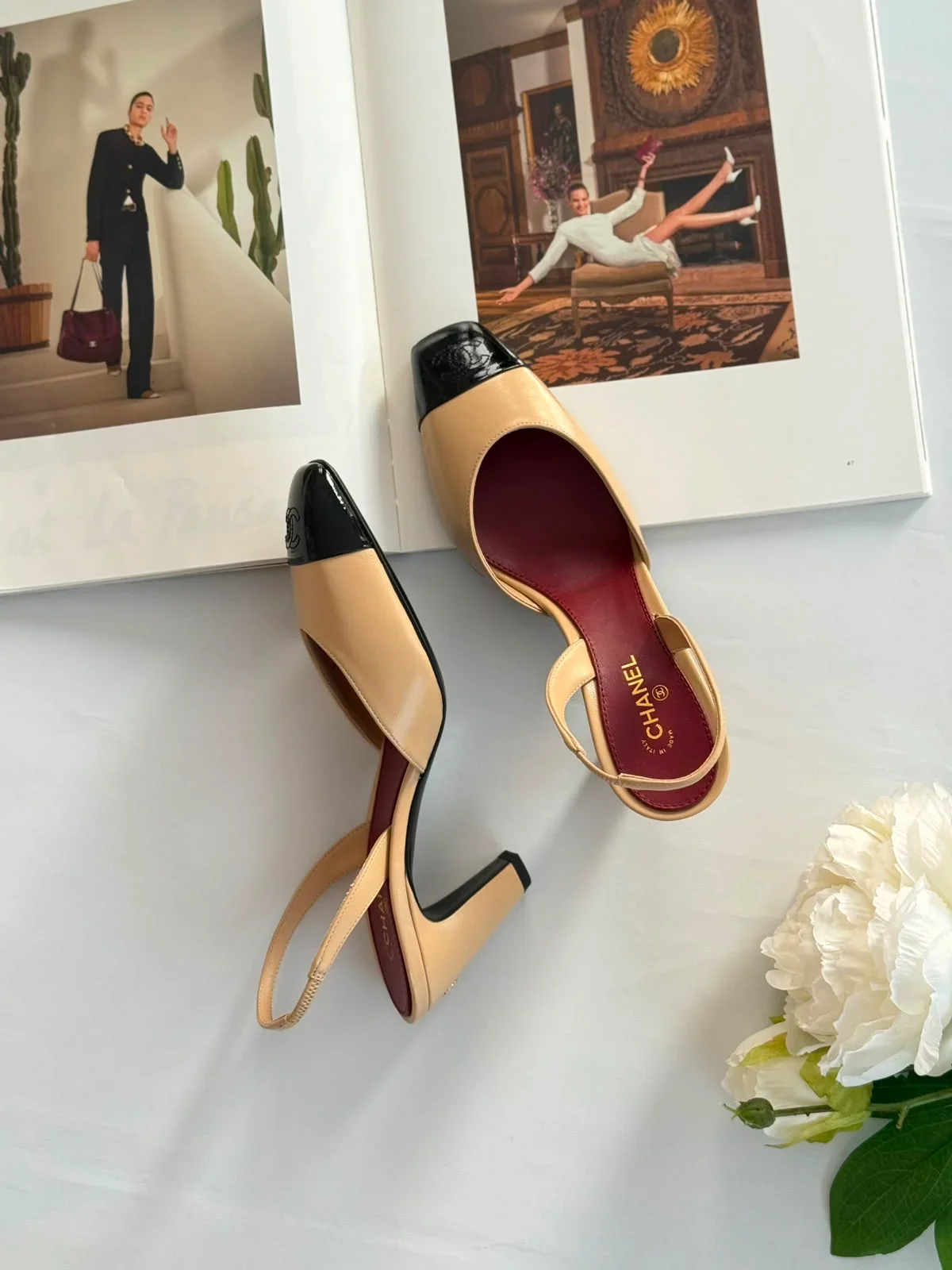CHANEL Chanel Classic Cap Toe Slingbacks Beige Black