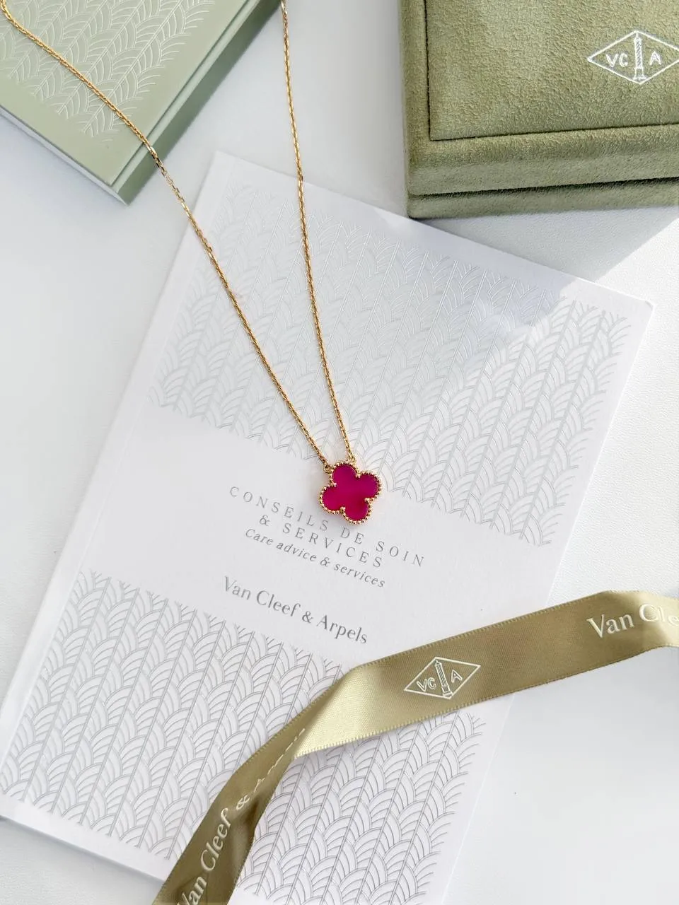 Van Cleef & Arpels VCA Vintage Alhambra Pendant 18K Yellow Gold Pink Enamel