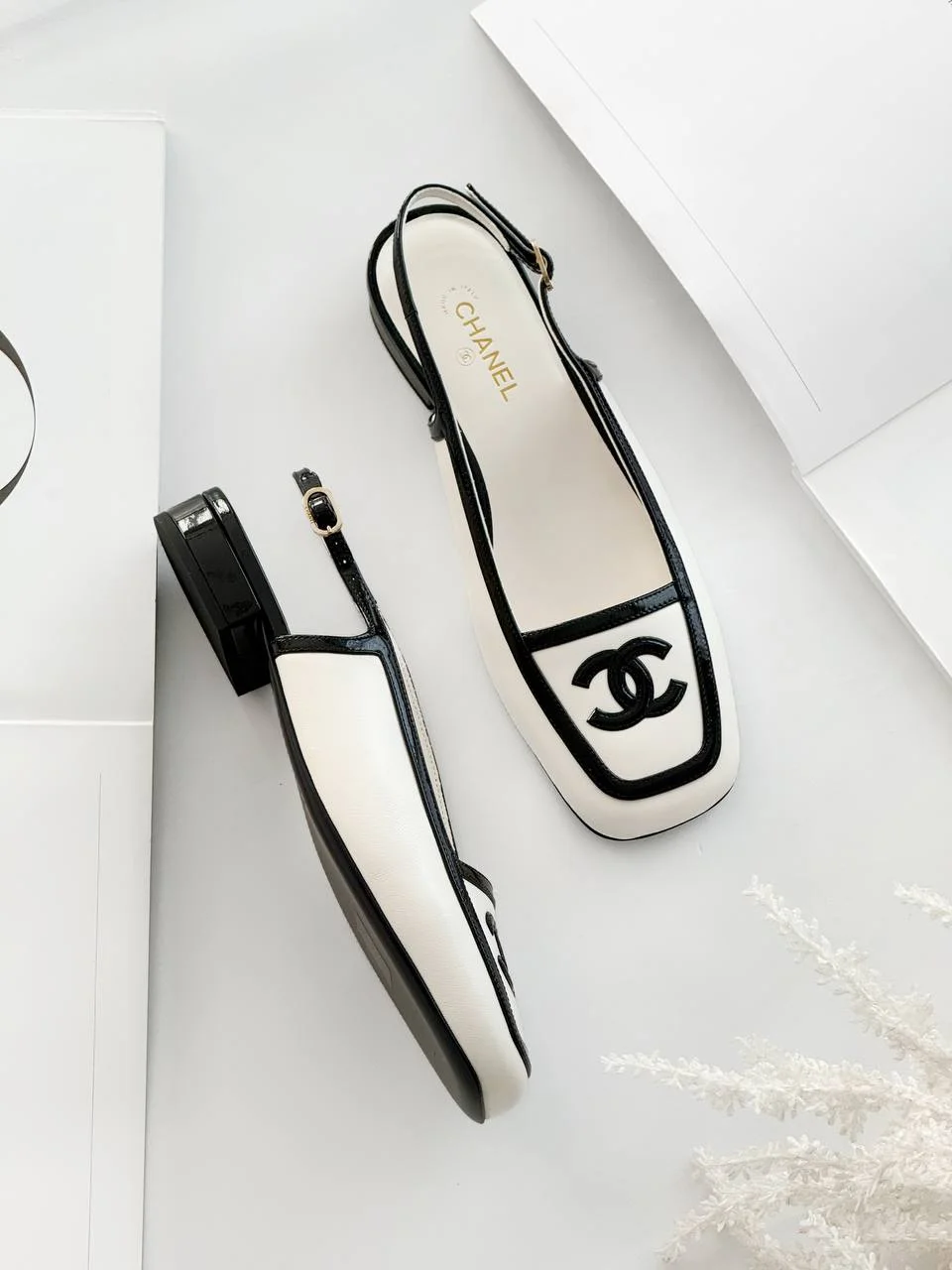 Chanel CC Logo Square Toe Slingback White Black - photo 2
