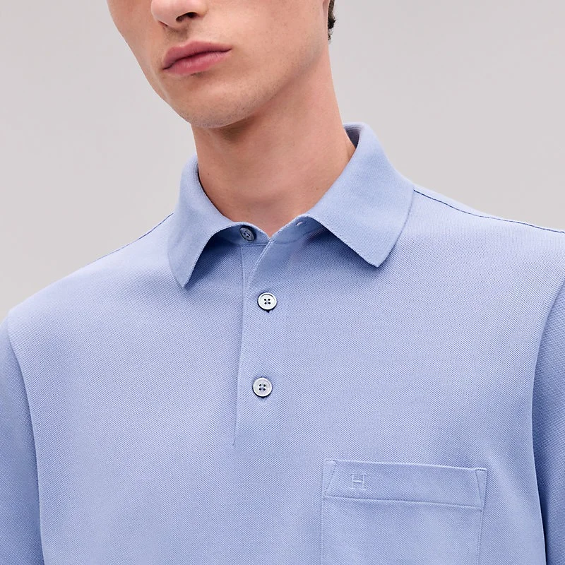 Hermes Hermes H Embroidered Buttoned Polo Shirt Bleu Ciel
