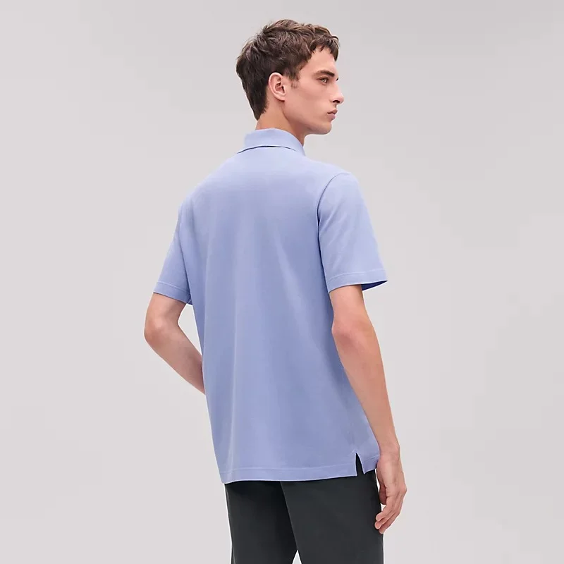 Hermes H Embroidered Buttoned Polo Shirt Bleu Ciel - photo 3