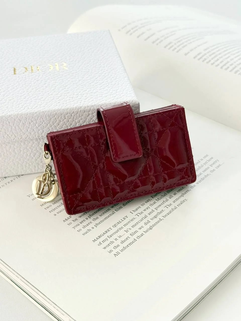 DIOR Dior Lady Dior Jasmine Gusset Card Holder Wallet Cherry Red Patent Cannage Calfskin