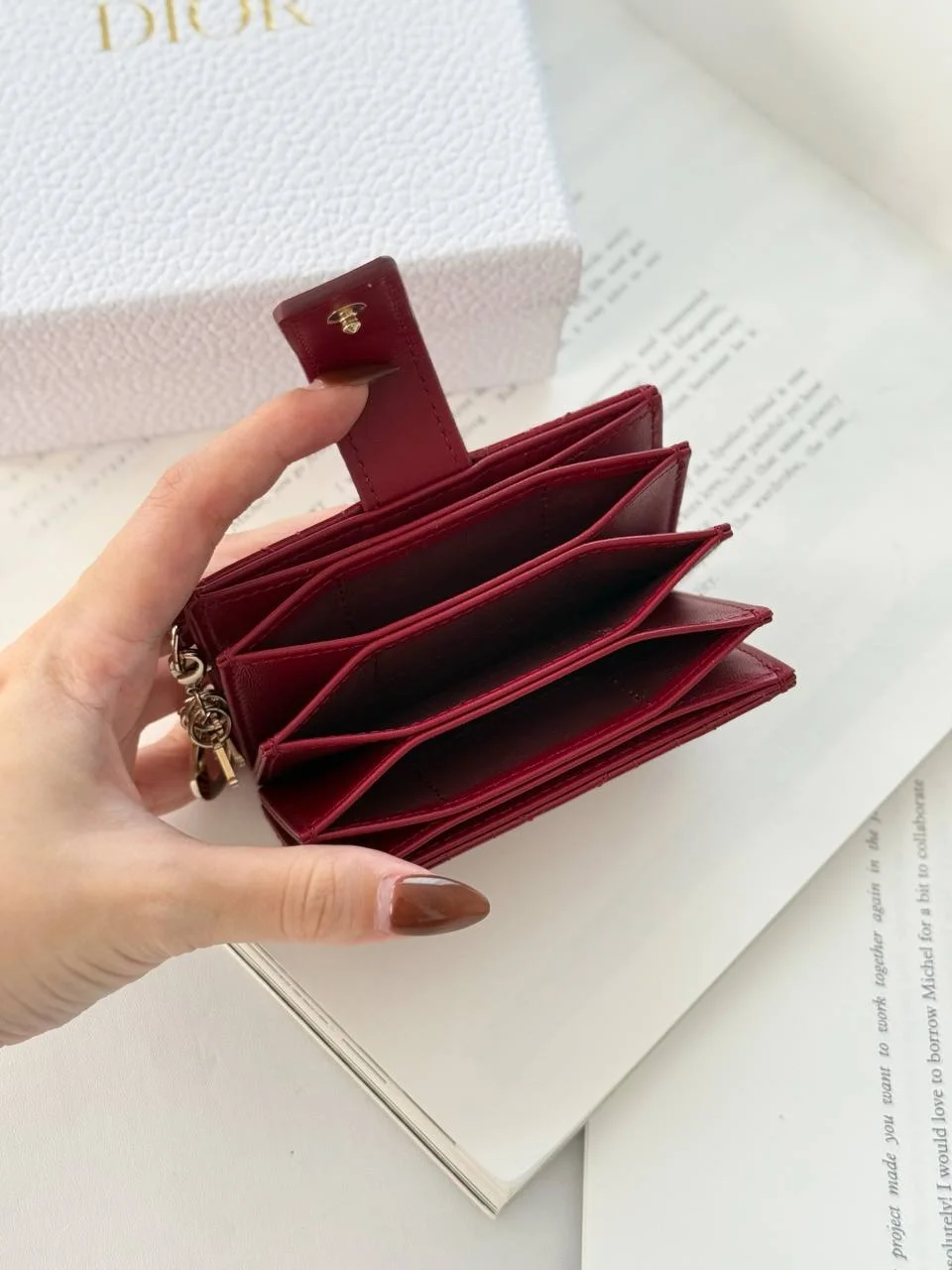 DIOR Dior Lady Dior Jasmine Gusset Card Holder Wallet Cherry Red Patent Cannage Calfskin