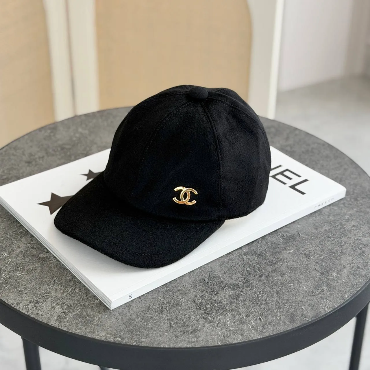 CHANEL Chanel Wool Felt Baseball Cap Black with Gold CC Logo