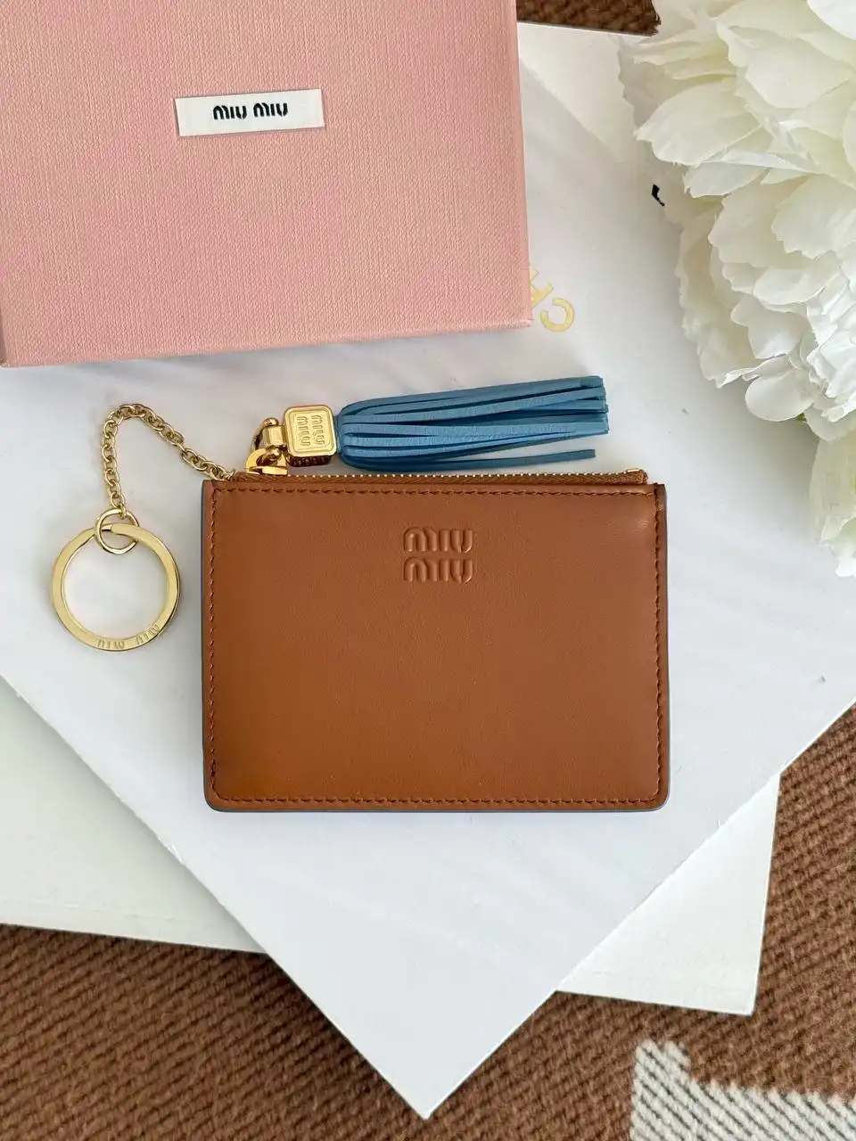 Miu Miu Miu Miu Key Ring Zipper Card Wallet Cognac