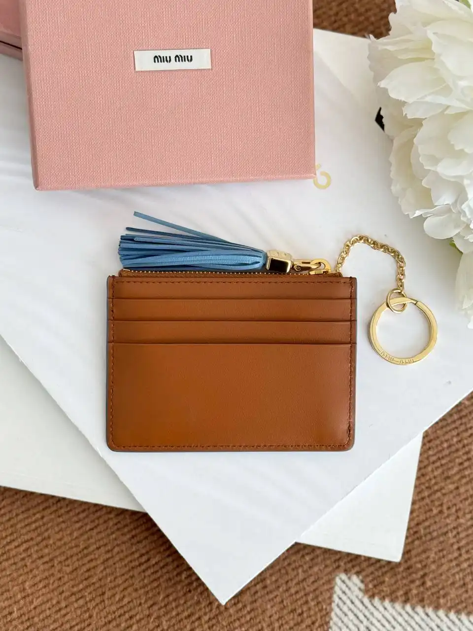 Miu Miu Miu Miu Key Ring Zipper Card Wallet Cognac