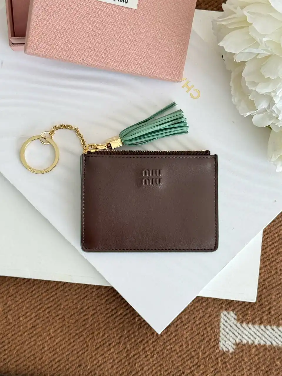 Miu Miu Miu Miu Key Ring Zipper Card Wallet Brown