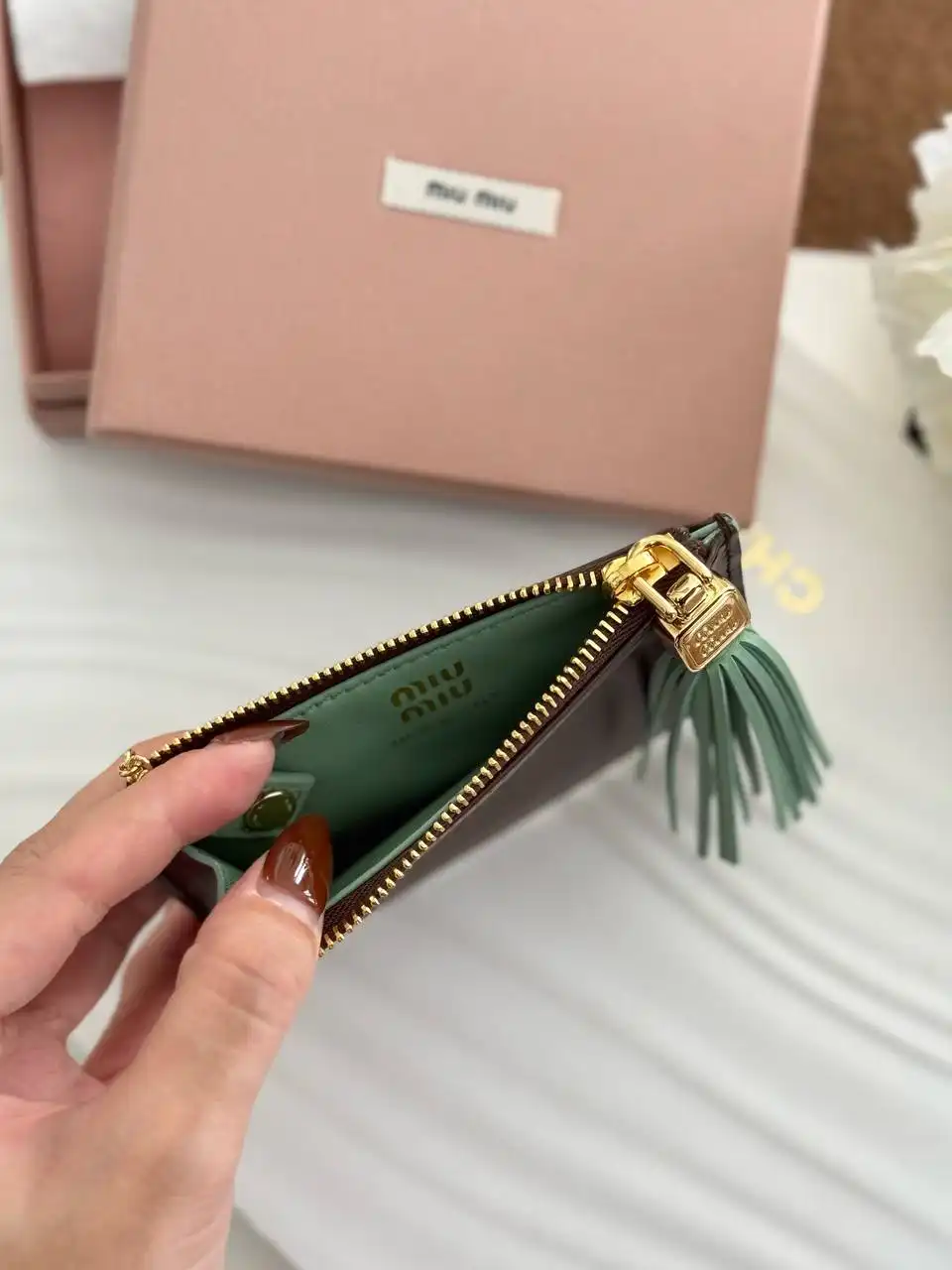 Miu Miu Key Ring Zipper Card Wallet Brown - photo 3