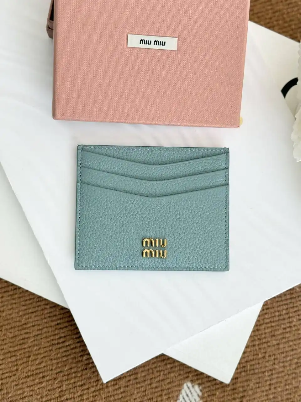 Miu Miu Miu Miu Grained Leather Card Holder Light Blue
