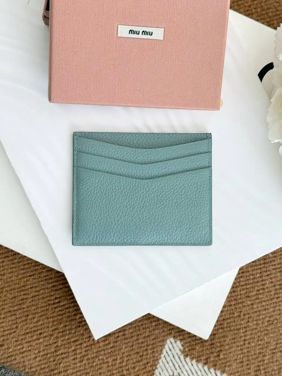 Miu Miu Miu Miu Grained Leather Card Holder Light Blue