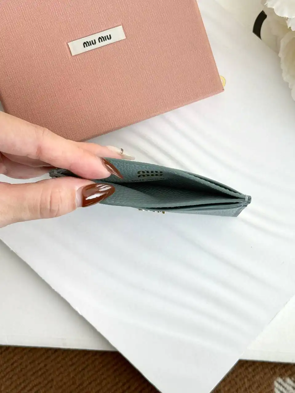 Miu Miu Grained Leather Card Holder Light Blue - photo 3