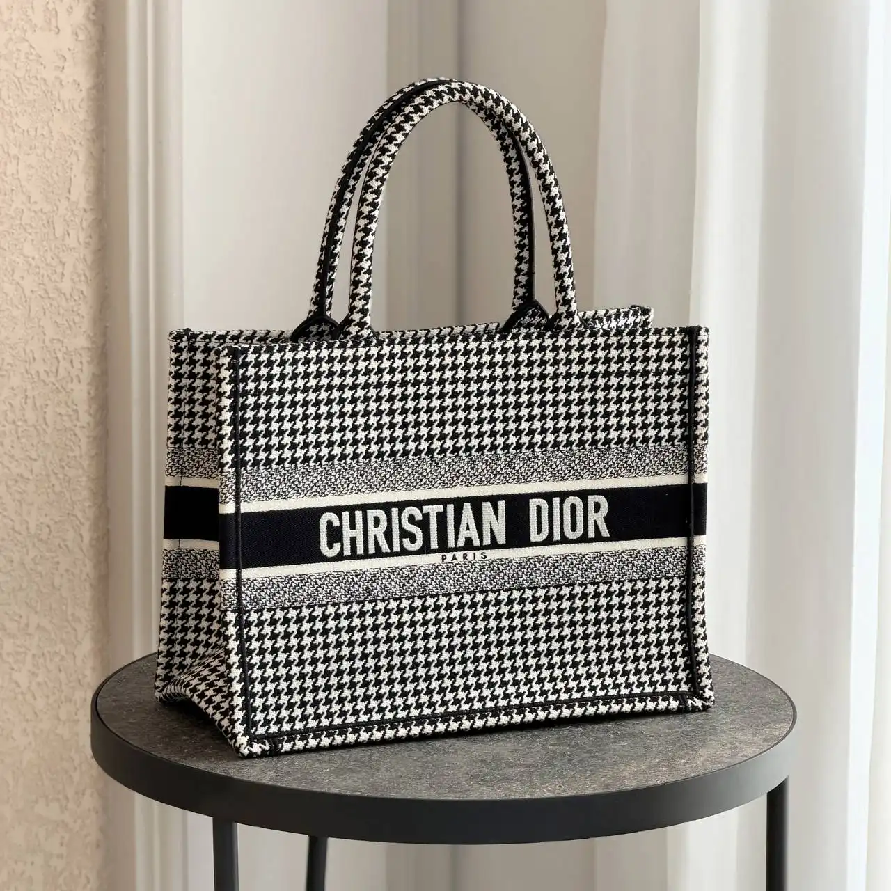 DIOR Preloved Dior Canvas Houndstooth Embroidered Small Book Tote Black White