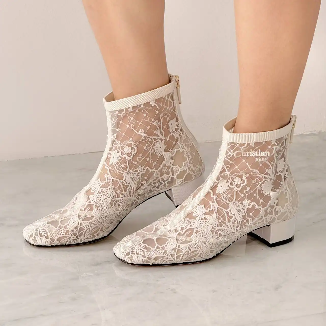 Preloved Dior Naughtily-D Heeled Short Boots Millefiori Embroidery Mesh - photo 3