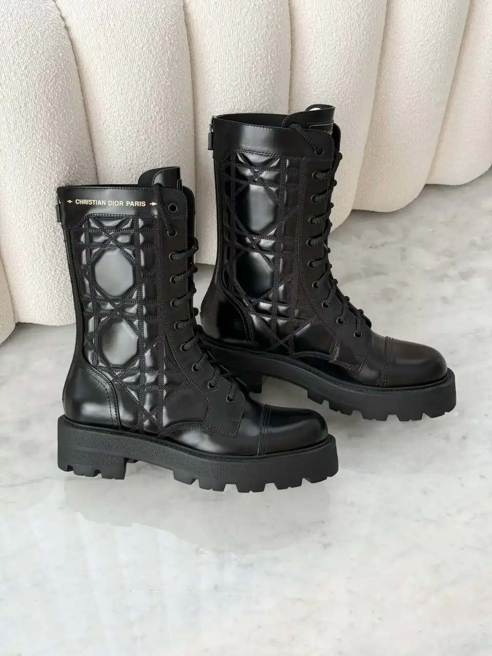 DIOR Preloved Dior D-Unit Ankle Boots Black Quilted Cannage