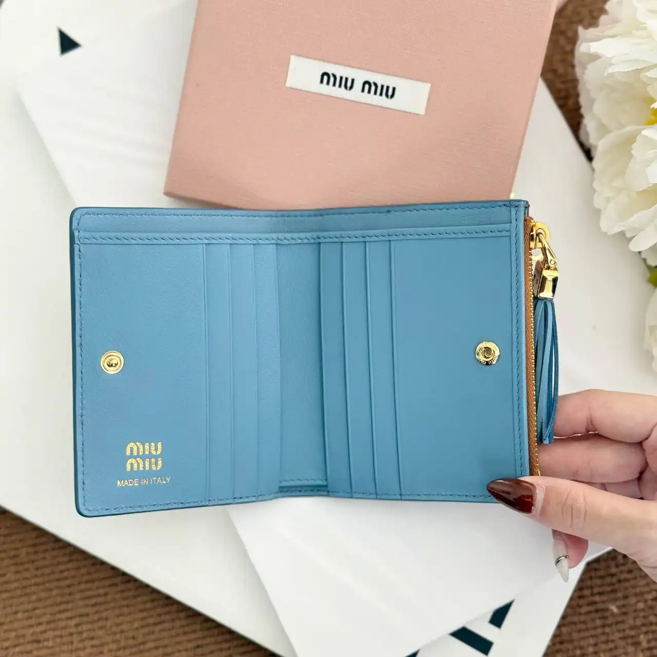Miu Miu Bifold Wallet Compact Nappa Leather Tassel Logo Cognac - photo 3