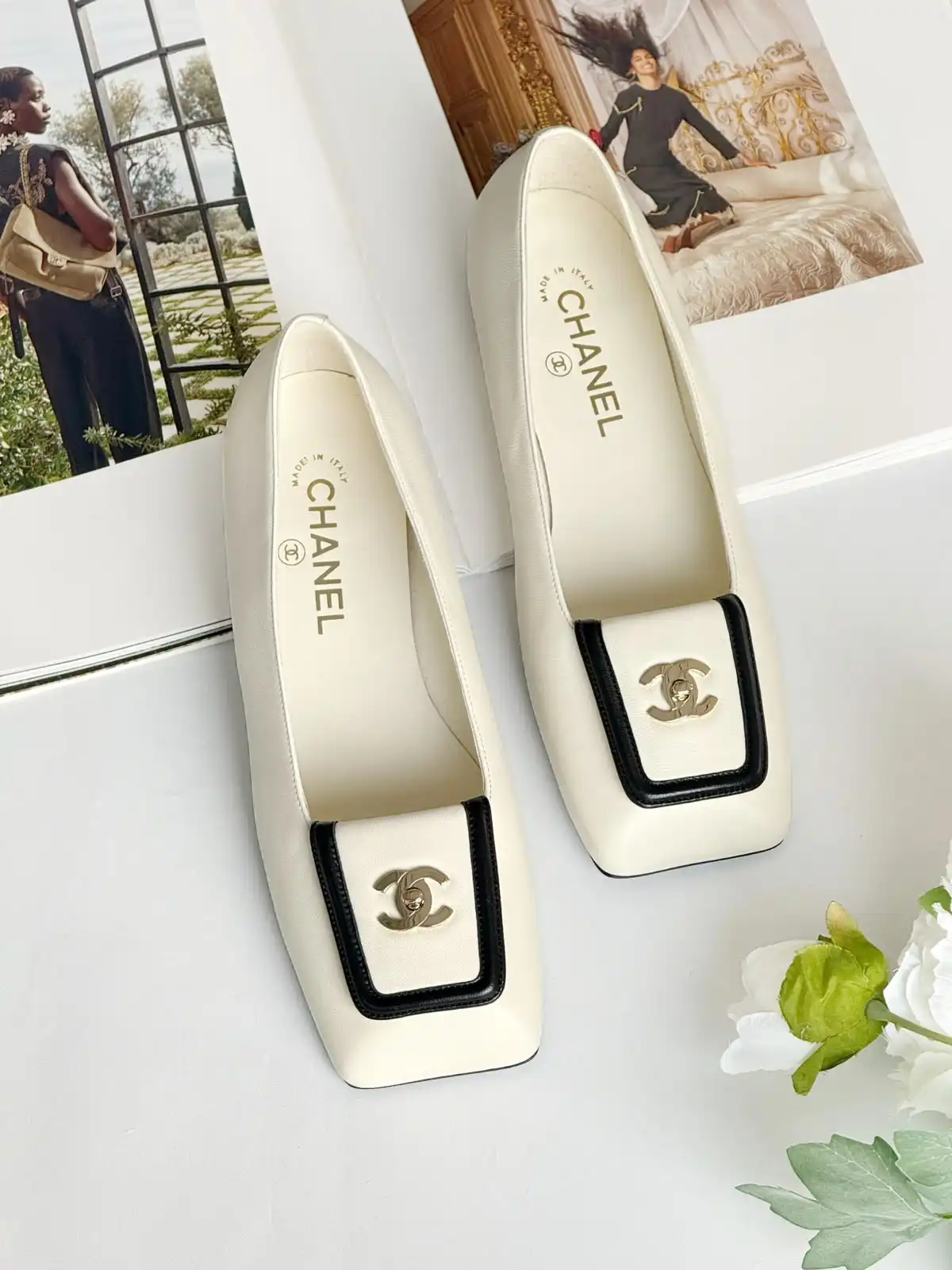 CHANEL Chanel Square - Toe Leather Ballet Flats Ivory Black