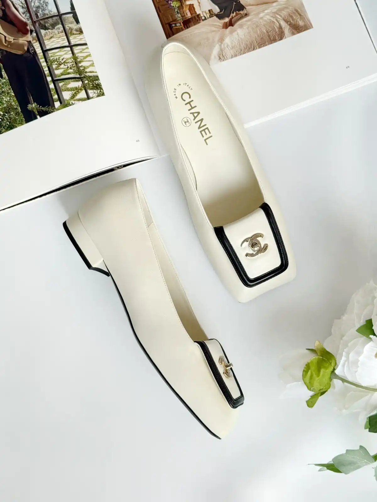 Chanel Square - Toe Leather Ballet Flats Ivory Black - photo 3