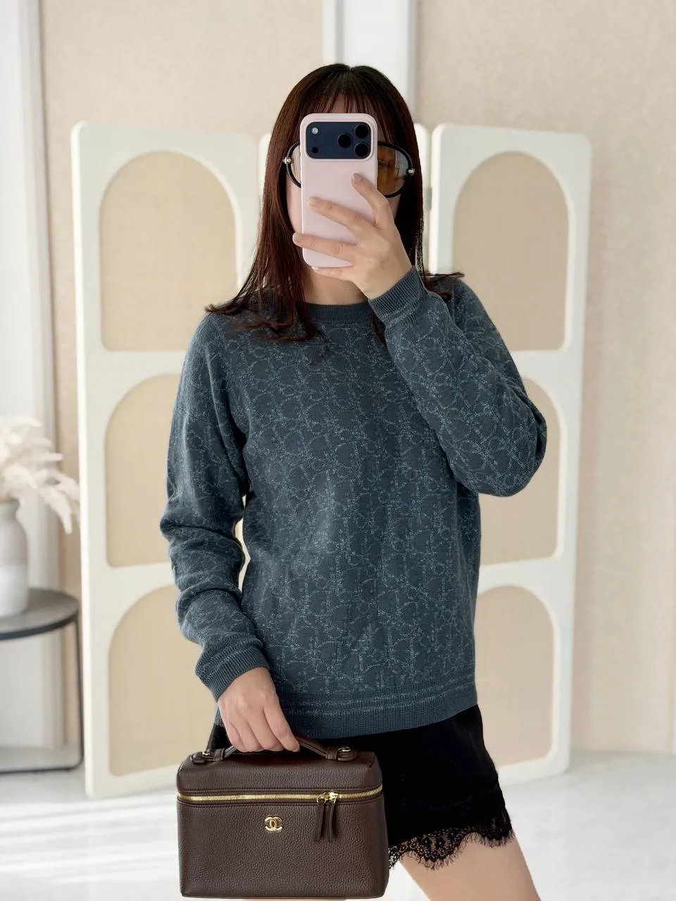 DIOR Dior Sweater Faded Gray - Blue Dior Oblique Jacquard Wool and Linen Knit