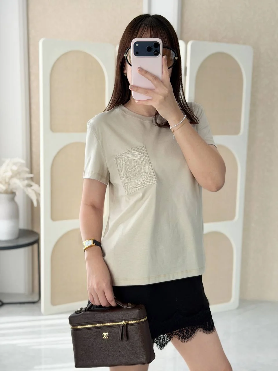Hermes Hermes Tshirt Droit Poche Brodee Beige Pierre DIstrie