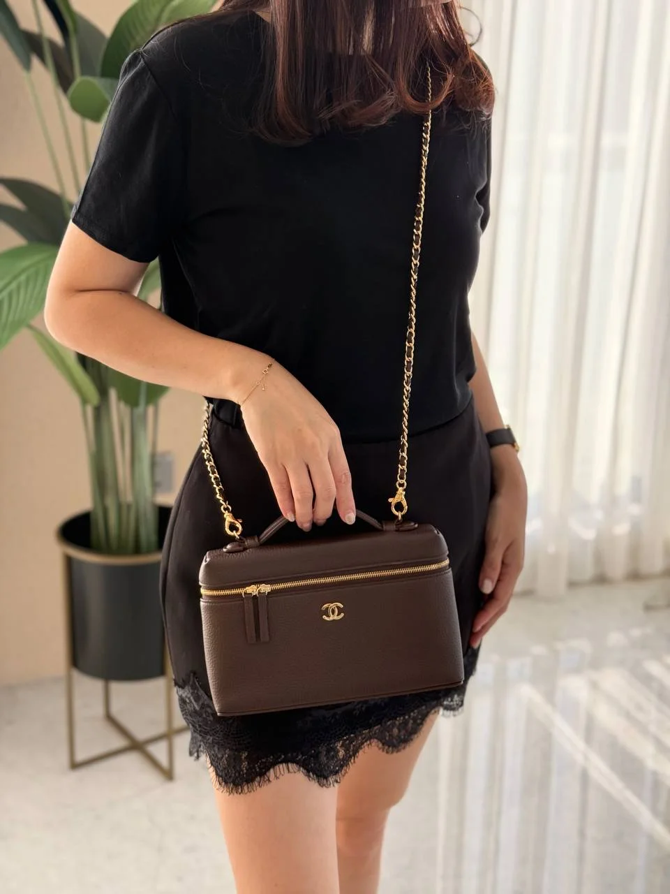 CHANEL Chanel Vanity Classic Medium 23cm Grained Leather Dark Brown GHW