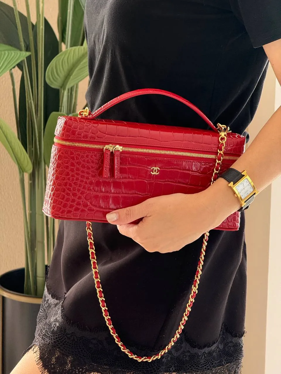 CHANEL Chanel long vanity top handle Croco Embossed Red GHW