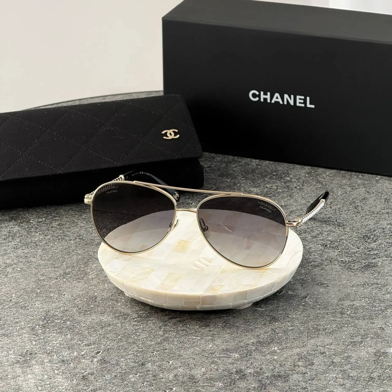 CHANEL Chanel Gold Pilot Sunglasses with Pearls Lenses Grey