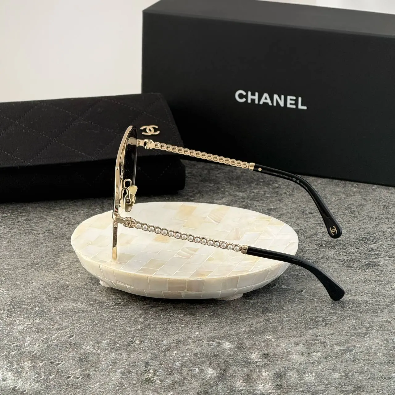 CHANEL Chanel Gold Pilot Sunglasses with Pearls Lenses Grey