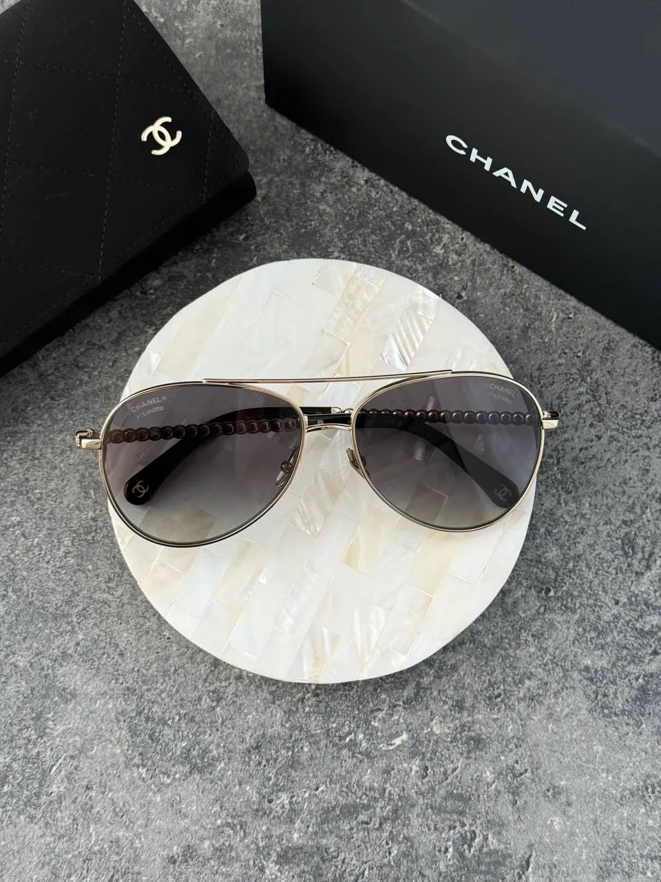 Chanel Gold Pilot Sunglasses with Pearls Lenses Grey - photo 3