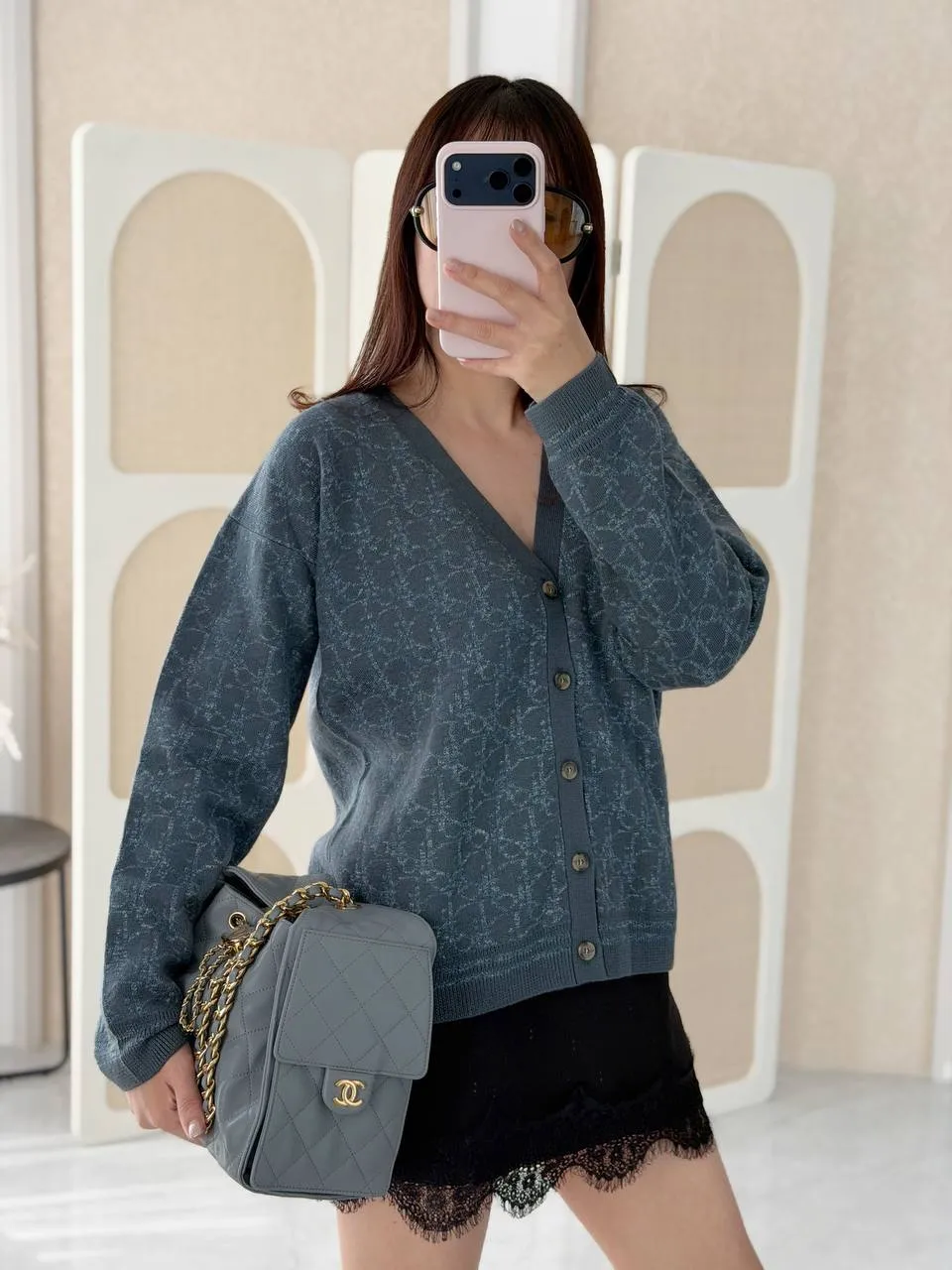 DIOR Dior Cardigan Faded Gray - Blue Dior Oblique Jacquard Wool and Linen Knit