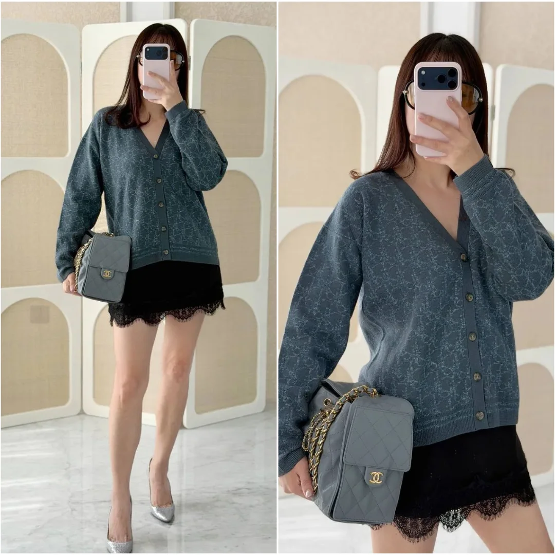 DIOR Dior Cardigan Faded Gray - Blue Dior Oblique Jacquard Wool and Linen Knit