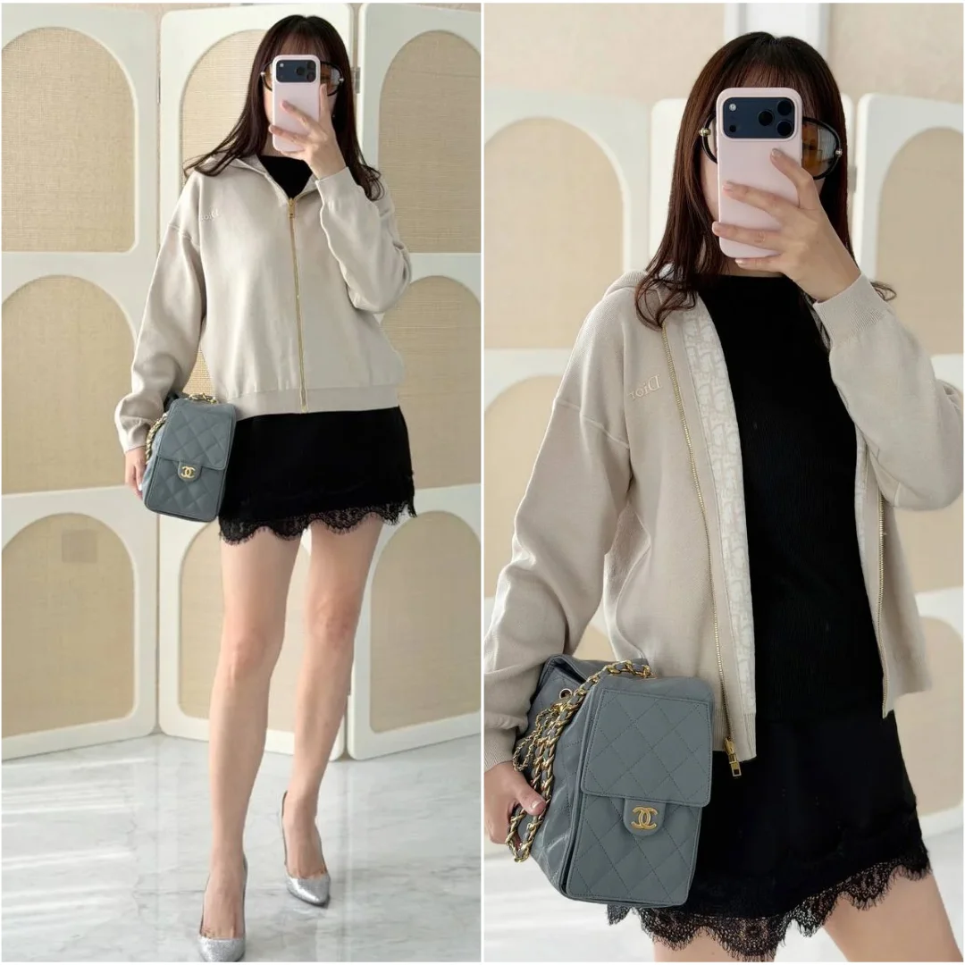DIOR Dior Reversible Zipped Cardigan with Hood Beige Wool Knit and Dior Oblique Jacquard