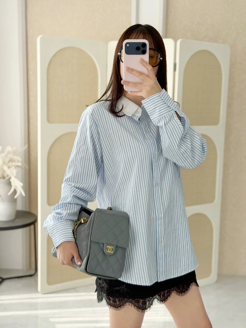 Karl Lagerfeld Karl Lagerfeld Women's Striped Rhinestone Shirt Blue