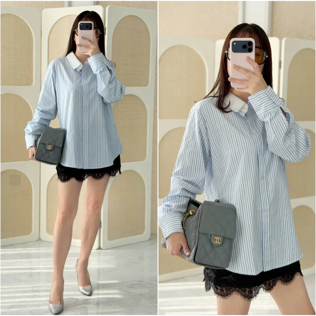 Karl Lagerfeld Karl Lagerfeld Women's Striped Rhinestone Shirt Blue