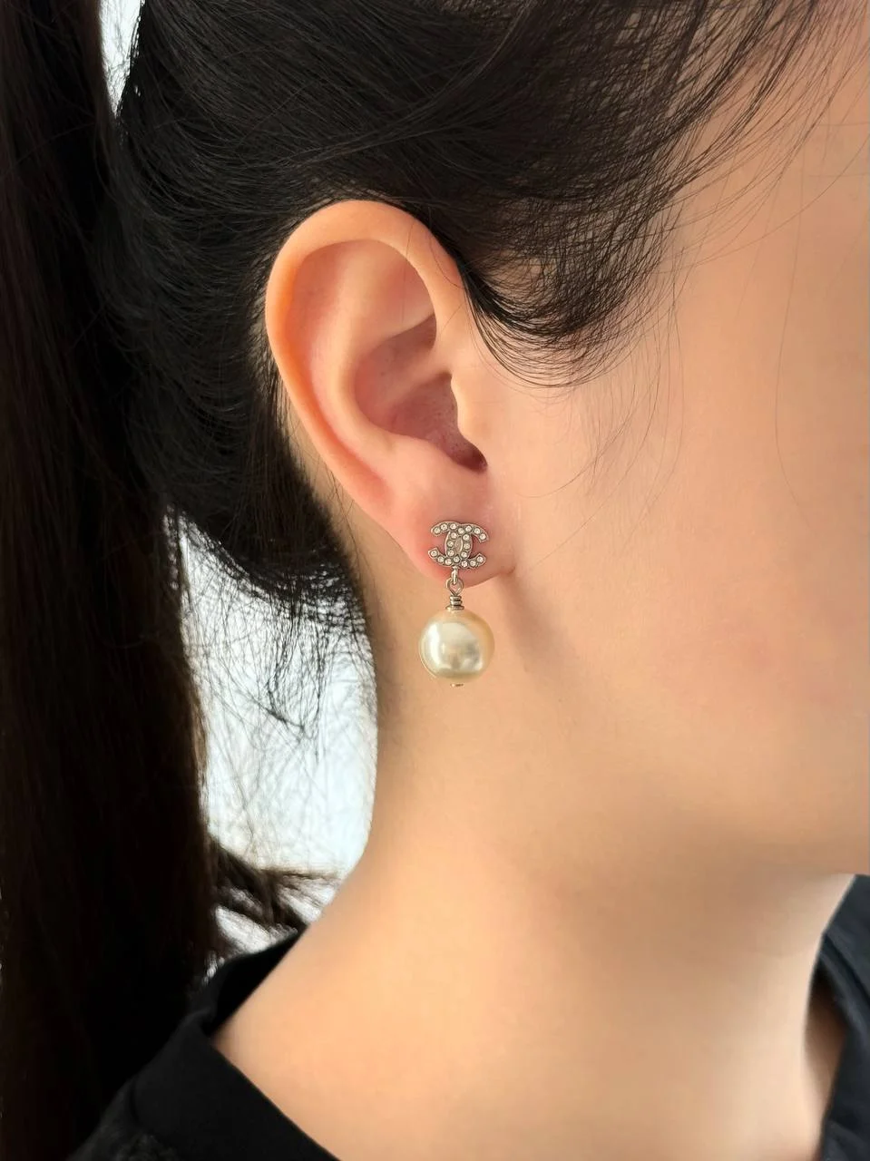 CHANEL Chanel Crystal CC Pearl Drop Earrings SHW
