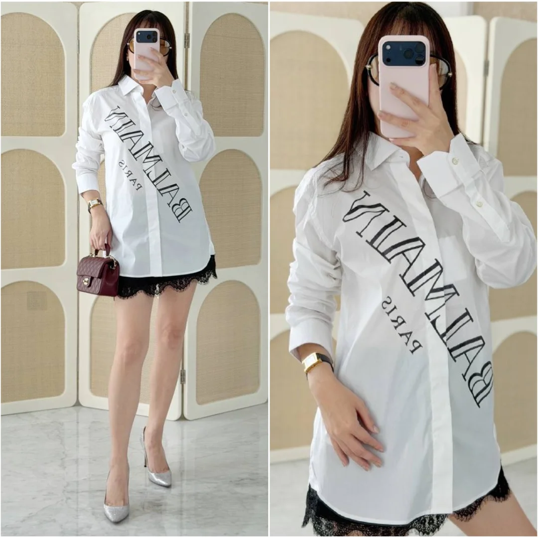 Balmain Balmain Long Sleeve Shirt White Diagonal Logo Black