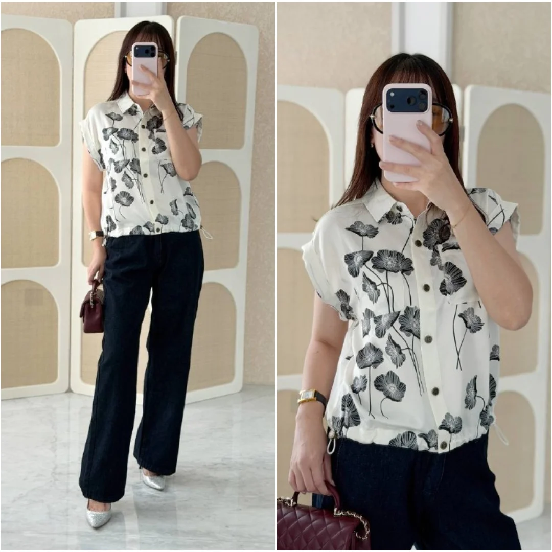 Karl Lagerfeld Karl Lagerfeld Petite Floral-Print Drawcord-Hem Blouse White