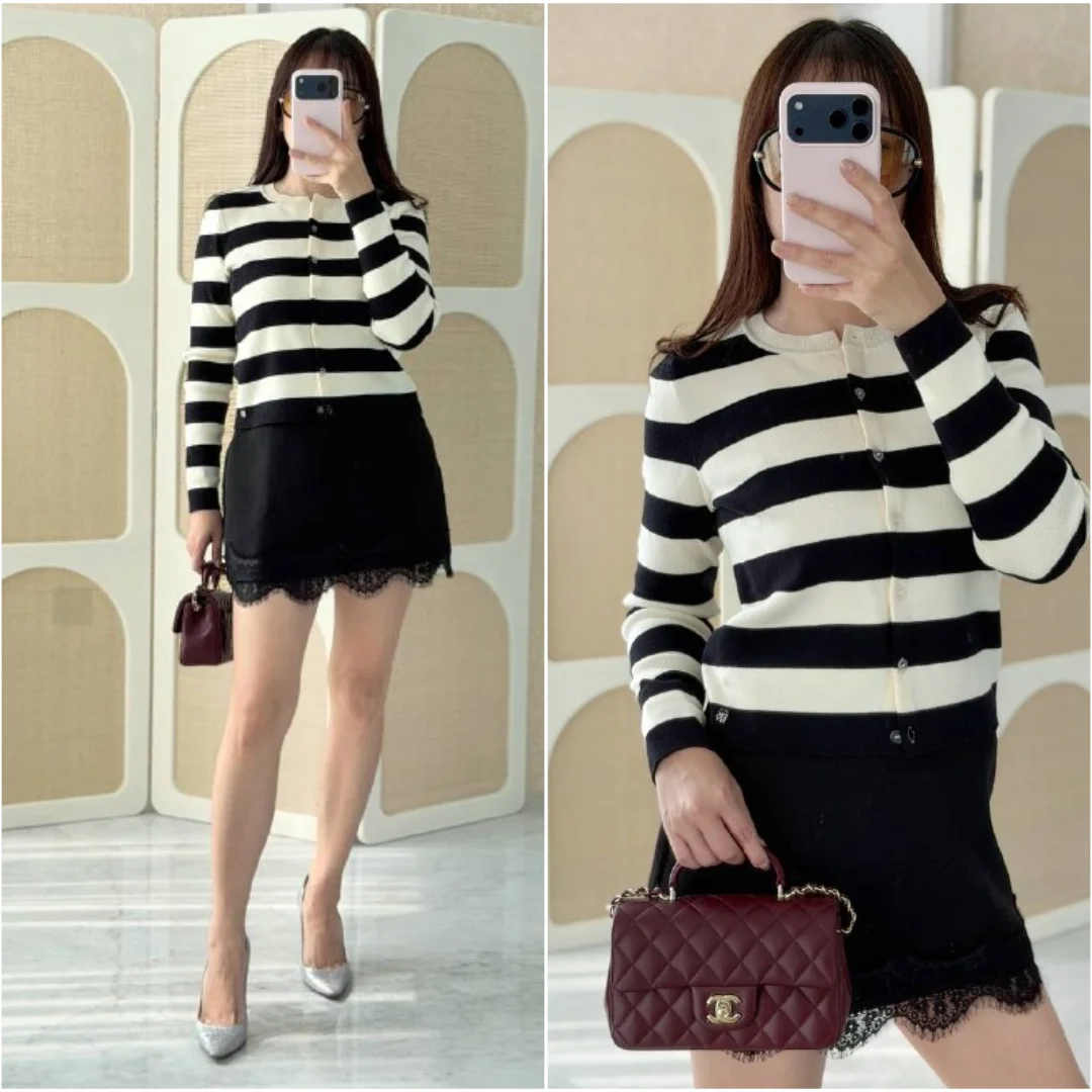 DKNY DKNY ​Striped Cropped Cardigan Black White