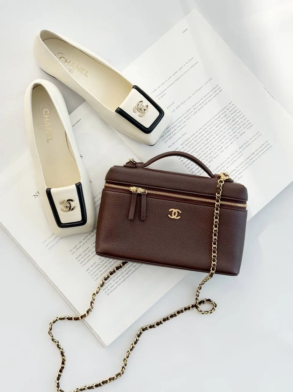 Chanel Square - Toe Leather Ballet Flats Ivory Black - photo 8