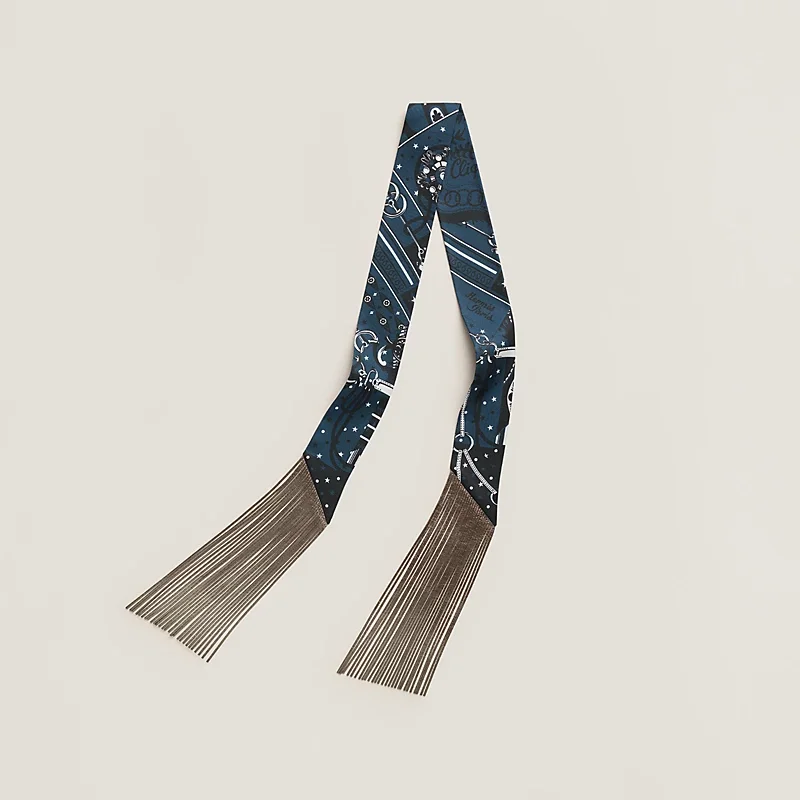 Hermes Hermes Bandana Leather Fringes Twilly Marine / Blanc White / Noir Black