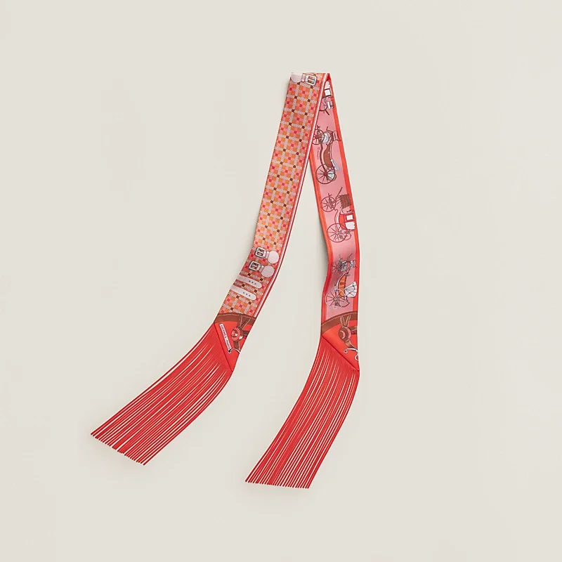 Hermes Hermes Les Voitures Nouvelles Leather Fringes Twilly Abricot / Vermillon / Vieux Rose