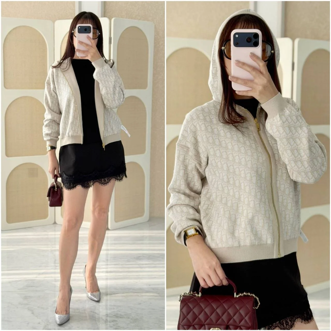 DIOR DIOR Reversible Zipped Cardigan with Hood Beige Wool Knit and Dior Oblique Jacquard