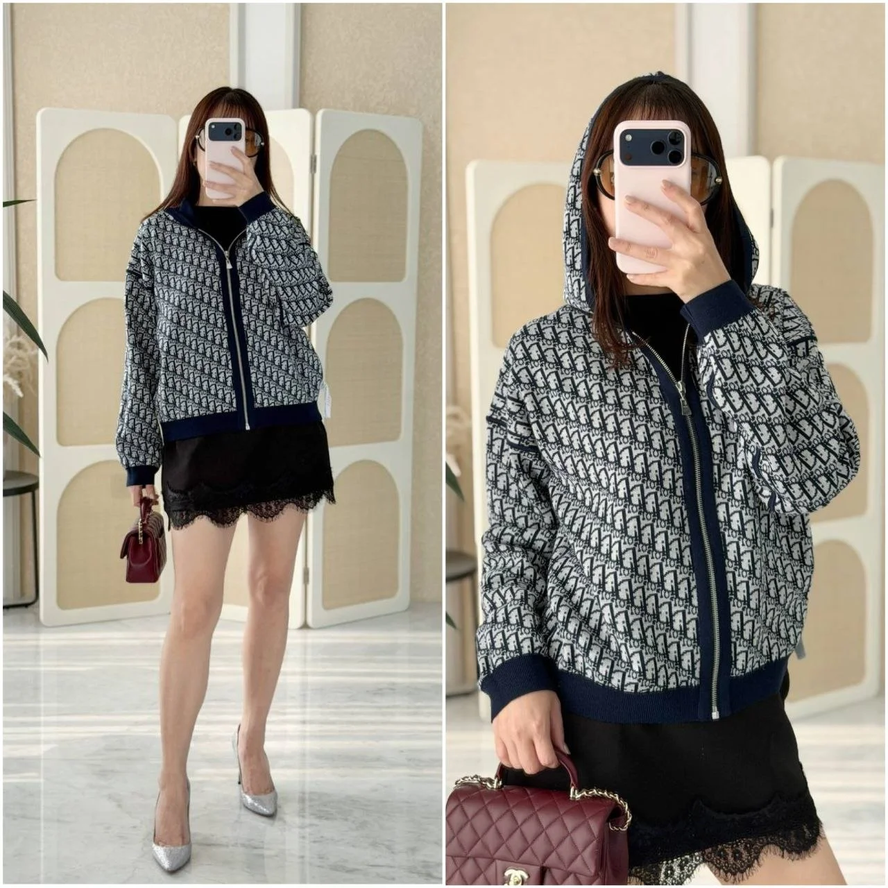 DIOR DIOR Reversible Zipped Cardigan with Hood Navy Blue Wool Knit with Ivory and Blue Dior Oblique Jacquard