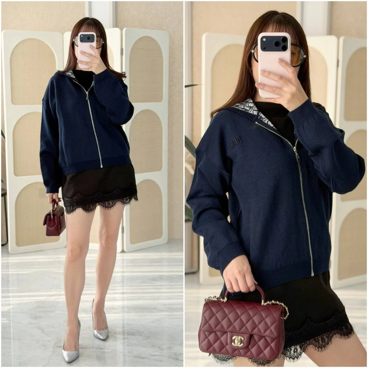 DIOR DIOR Reversible Zipped Cardigan with Hood Navy Blue Wool Knit with Ivory and Blue Dior Oblique Jacquard