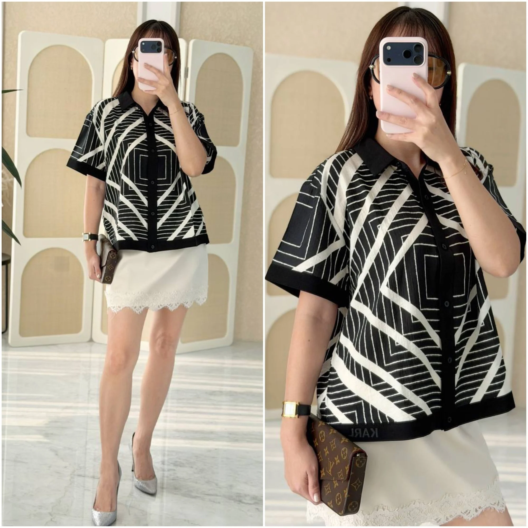 Karl Lagerfeld Karl Lagerfeld Paris Women's Geo Print 3/4 Sleeve Woven Top Black