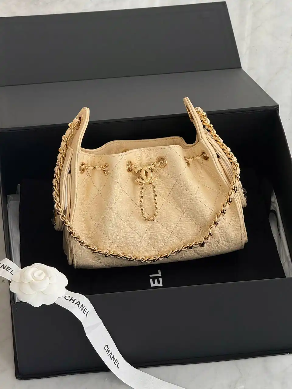 CHANEL Chanel 25 / C25 Mini Beige Caviar GHW Shiny Buckle